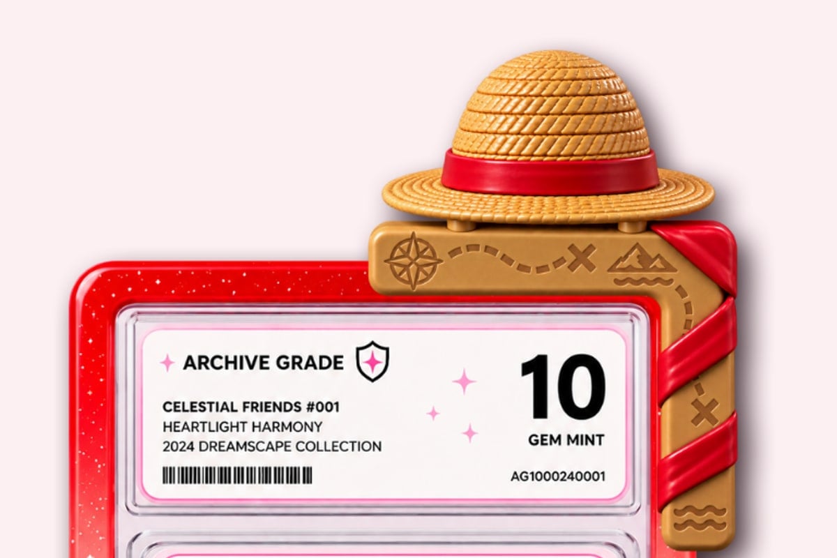 The Hat clipped onto the corner of a graded card slab in a slab guard