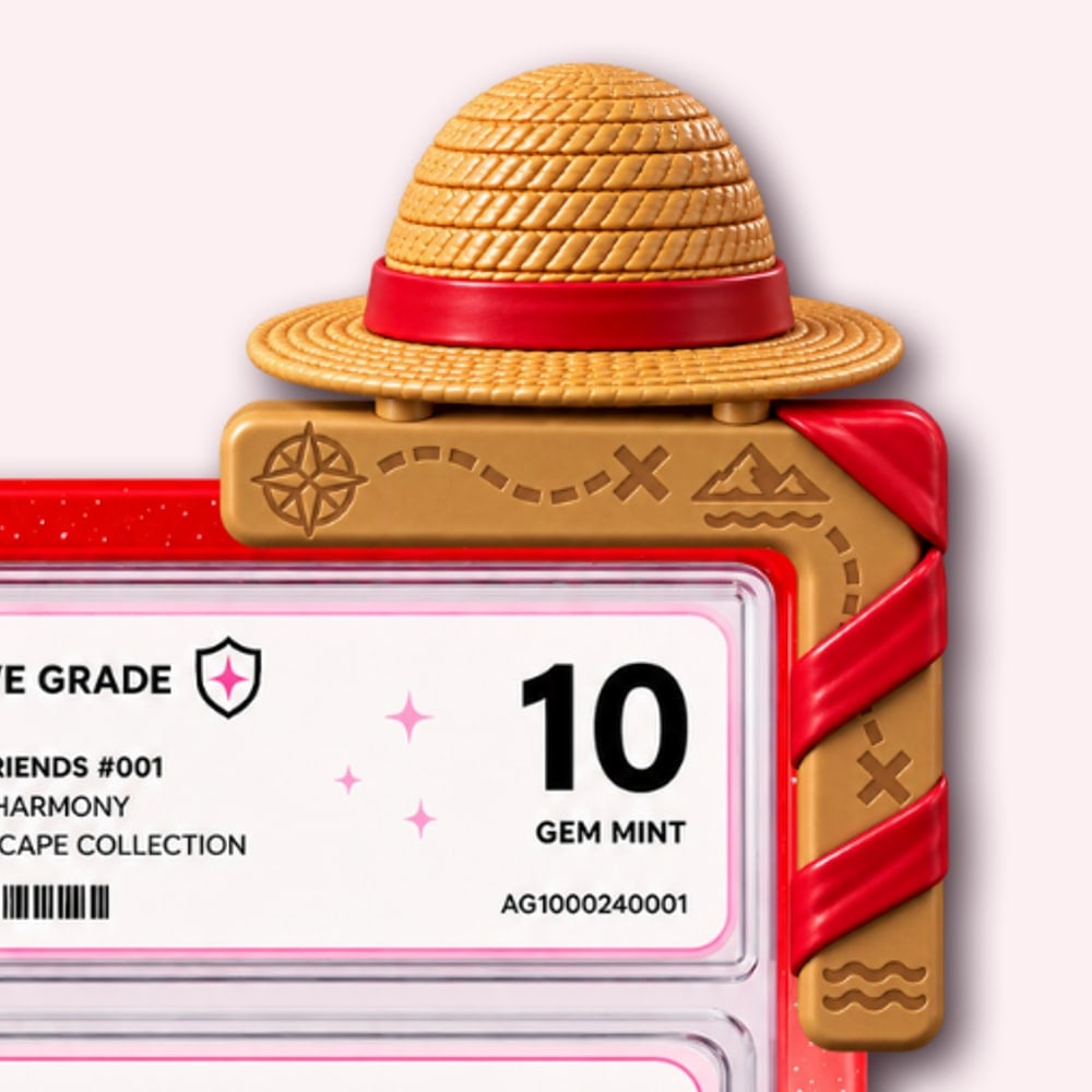 The Hat clipped onto the corner of a graded card slab in a slab guard