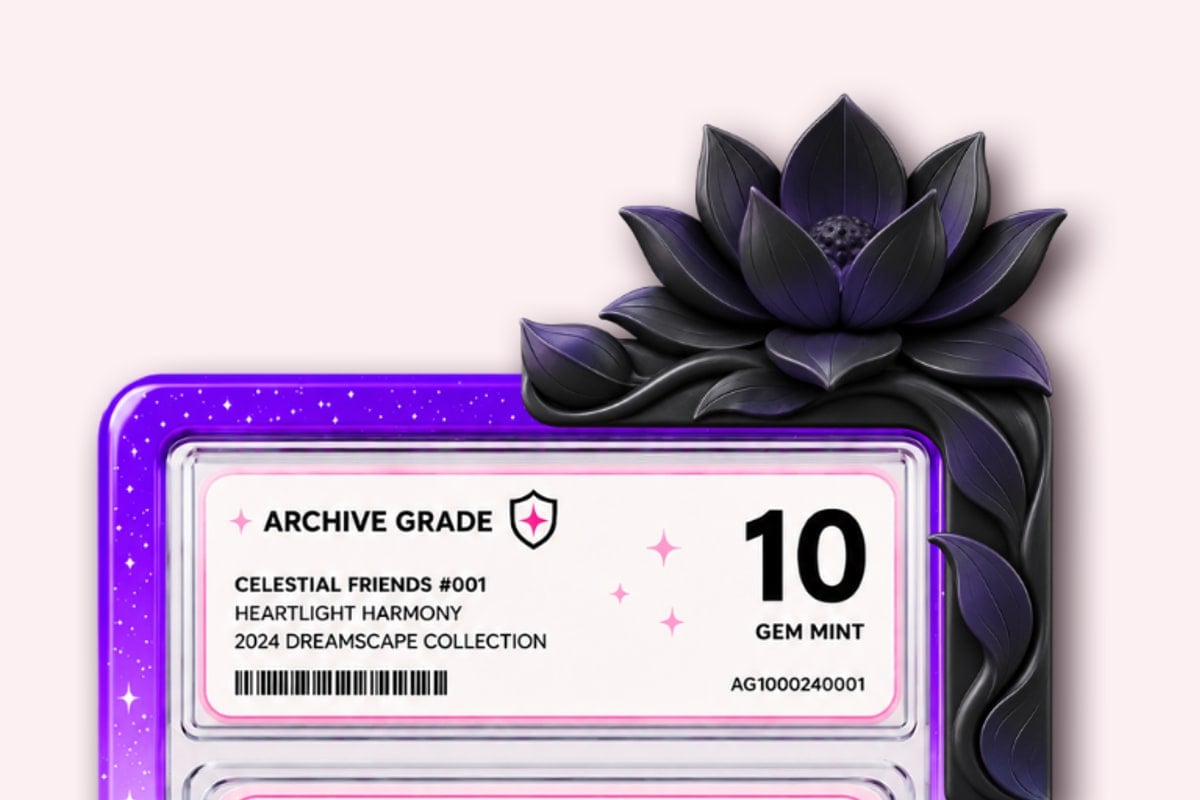 The Lotus clipped onto the corner of a graded card slab in a slab guard