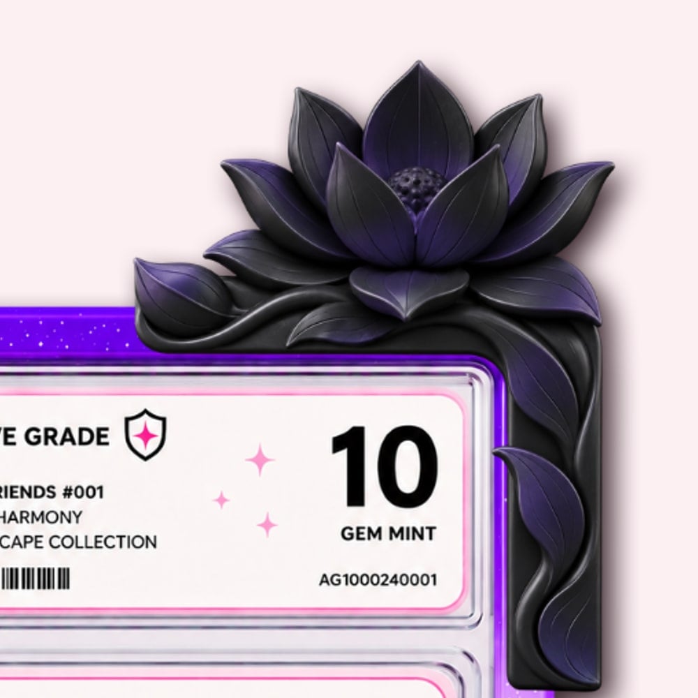 The Lotus clipped onto the corner of a graded card slab in a slab guard